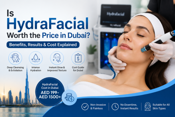 HydraFacial treatment in Dubai showing a woman receiving a facial treatment, with benefits, results, and HydraFacial price information highlighted