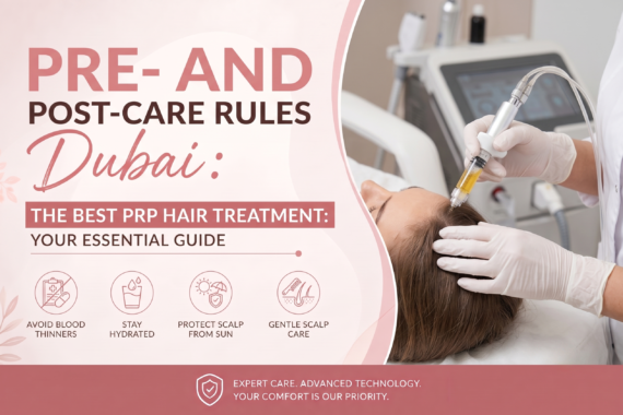 A promotional graphic featuring a pink and white wavy background. On the right, a medical professional in white gloves is administering a PRP scalp injection to a patient. The main text reads, "PRE- AND POST-CARE RULES Dubai: THE BEST PRP HAIR TREATMENT: YOUR ESSENTIAL GUIDE". Below the text are four circular icons with the labels: "Avoid Blood Thinners," "Stay Hydrated," "Protect Scalp From Sun," and "Gentle Scalp Care." A pink banner at the bottom includes a shield icon and the text, "EXPERT CARE. ADVANCED TECHNOLOGY. YOUR COMFORT IS OUR PRIORITY."