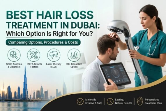 A comprehensive promotional infographic advertising hair loss treatment in Dubai. On the right, a photo shows a female medical professional in green scrubs using a robotic laser device on a male patient while he looks at scalp scans on a tablet. The main headline reads "BEST HAIR LOSS TREATMENT IN DUBAI: Which Option Is Right for You?" A central button links to "Comparing Options, Procedures & Costs." Below the title, four circular icons detail specific treatment options: Scalp Analysis & Diagnosis, PRP & Growth Factors, Laser Therapy (LLLT), and FUE Transplant Option. At the bottom, a dark banner with a view of the Dubai skyline lists key benefits: "Minimally Invasive & Safe", "Lasting, Natural Results", and "Personalized Treatment Plan."