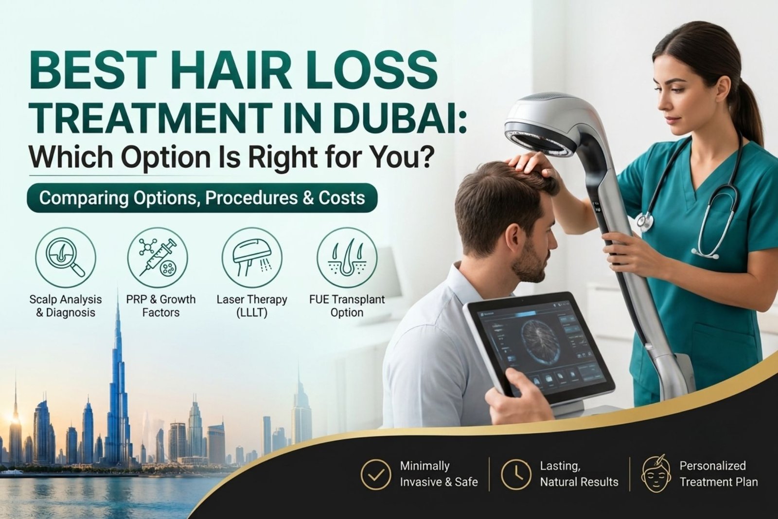 A comprehensive promotional infographic advertising hair loss treatment in Dubai. On the right, a photo shows a female medical professional in green scrubs using a robotic laser device on a male patient while he looks at scalp scans on a tablet. The main headline reads "BEST HAIR LOSS TREATMENT IN DUBAI: Which Option Is Right for You?" A central button links to "Comparing Options, Procedures & Costs." Below the title, four circular icons detail specific treatment options: Scalp Analysis & Diagnosis, PRP & Growth Factors, Laser Therapy (LLLT), and FUE Transplant Option. At the bottom, a dark banner with a view of the Dubai skyline lists key benefits: "Minimally Invasive & Safe", "Lasting, Natural Results", and "Personalized Treatment Plan."