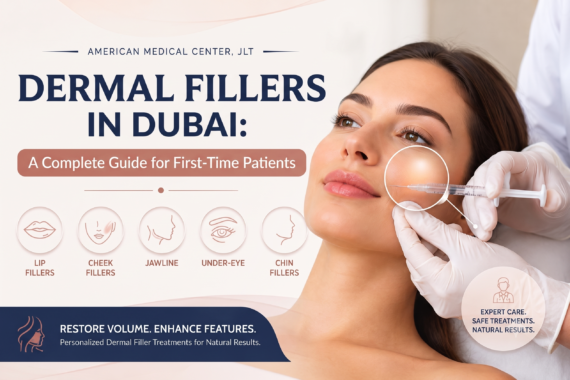A banner for American Medical Center, JLT titled "Dermal Fillers in Dubai: A Complete Guide for First-Time Patients." The image features a woman receiving a cheek injection from a gloved practitioner, with a highlighted circular area emphasizing the treatment. It includes minimalist icons representing treatment areas—Lip Fillers, Cheek Fillers, Jawline, Under-Eye, and Chin Fillers—and a bottom banner that reads, "Restore Volume. Enhance Features. Personalized Dermal Filler Treatments for Natural Results." A badge in the corner highlights "Expert Care. Safe Treatments. Natural Results."
