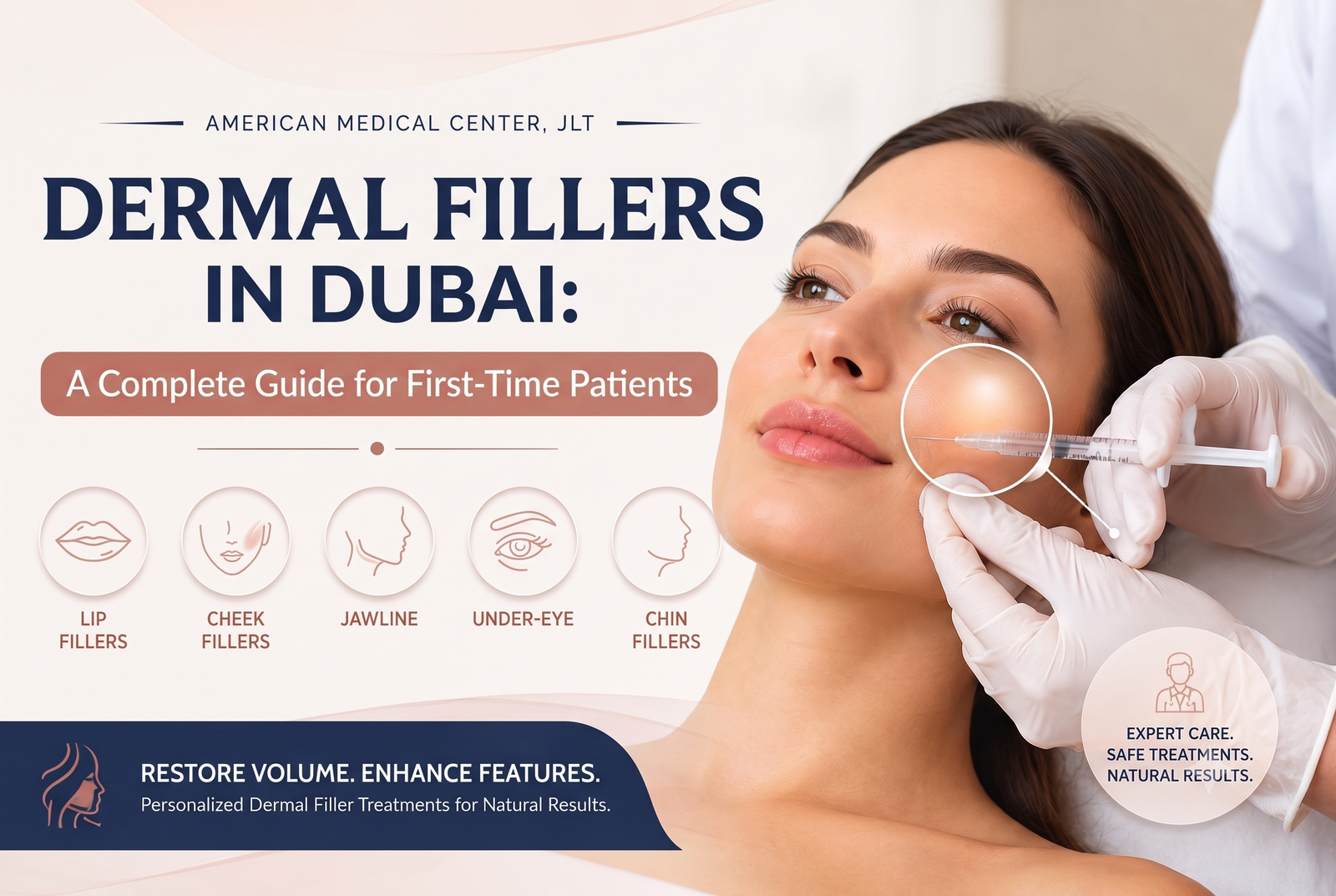 A banner for American Medical Center, JLT titled "Dermal Fillers in Dubai: A Complete Guide for First-Time Patients." The image features a woman receiving a cheek injection from a gloved practitioner, with a highlighted circular area emphasizing the treatment. It includes minimalist icons representing treatment areas—Lip Fillers, Cheek Fillers, Jawline, Under-Eye, and Chin Fillers—and a bottom banner that reads, "Restore Volume. Enhance Features. Personalized Dermal Filler Treatments for Natural Results." A badge in the corner highlights "Expert Care. Safe Treatments. Natural Results."